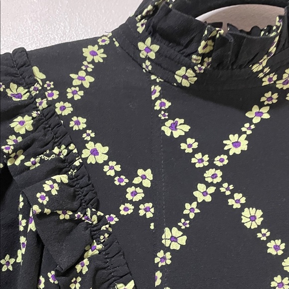 Ganni Crepe Margarita Black Mini Dress with Green Floral Lattice - Picture 15 of 17